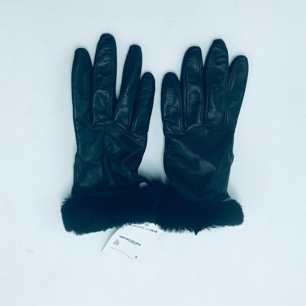 Ugg Women's Medium Fashion Shorty Gloves Leather Fur Trim Black NWT $110